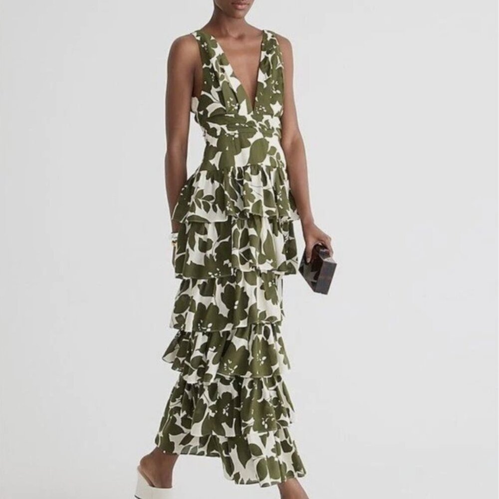 J. Crew Collection Dress Plunge Neck Tiered Floral Leaf Print Maxi Size 2